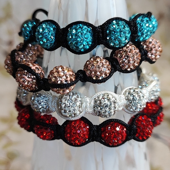 4 Adjustable White & Black Corded Rhinestone Hematite Slide Beaded Bracelets NEW - Picture 1 of 9